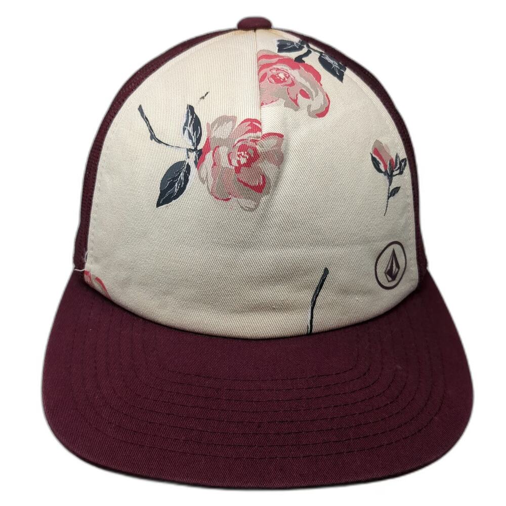 Volcom Red White Trucker Hat One Size Floral Rose Print Snapback Mesh Back Logo